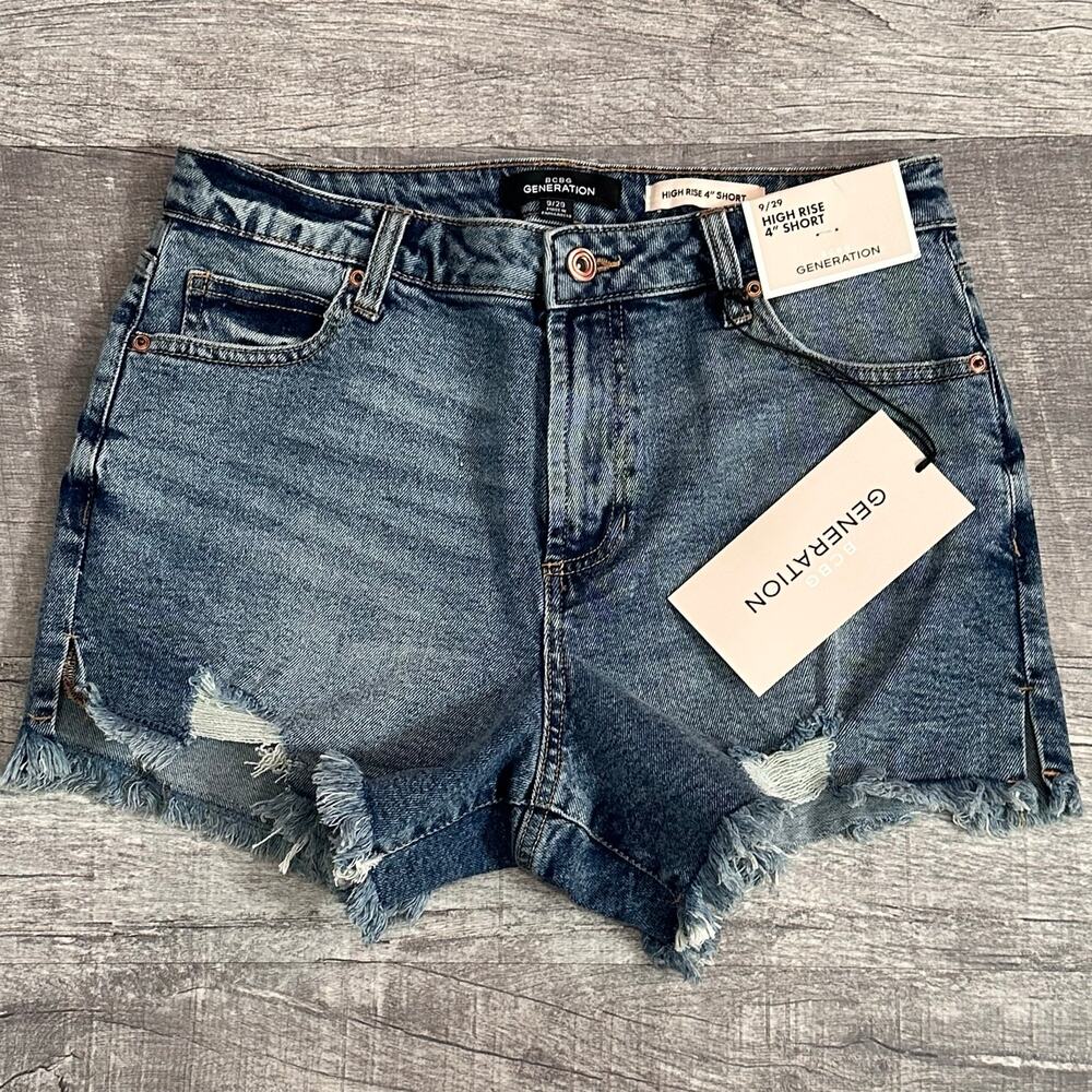 BCBG Generation NEW High Rise Denim 4” Short Womens 9 / 29 Cutoff Distressed